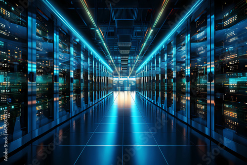 Futuristic Data Center Corridor with Blue Glowing Servers