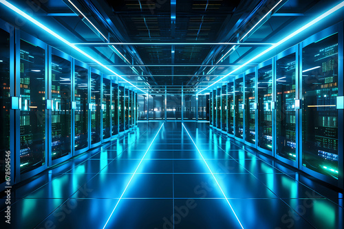 Futuristic Data Center with Blue LED-lit Server Racks