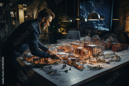 Architects Discussing Urban Development Scale Model in Office