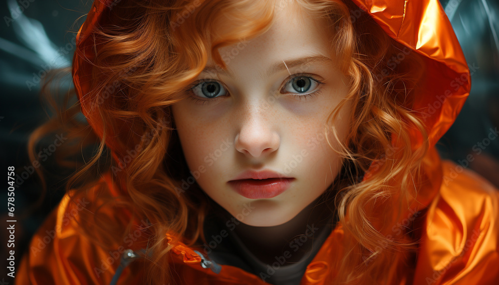 Beautiful Caucasian girl with curly blond hair looking at camera generated by AI Beautiful Caucasian girl with curly blond hair looking at camera generated by AI