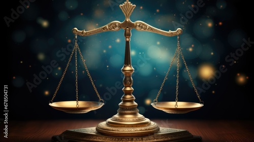 Futuristic scales of justice with a level scale illuminated by a blue light, symbolizing a modern and technologically advanced approach to legal concepts.