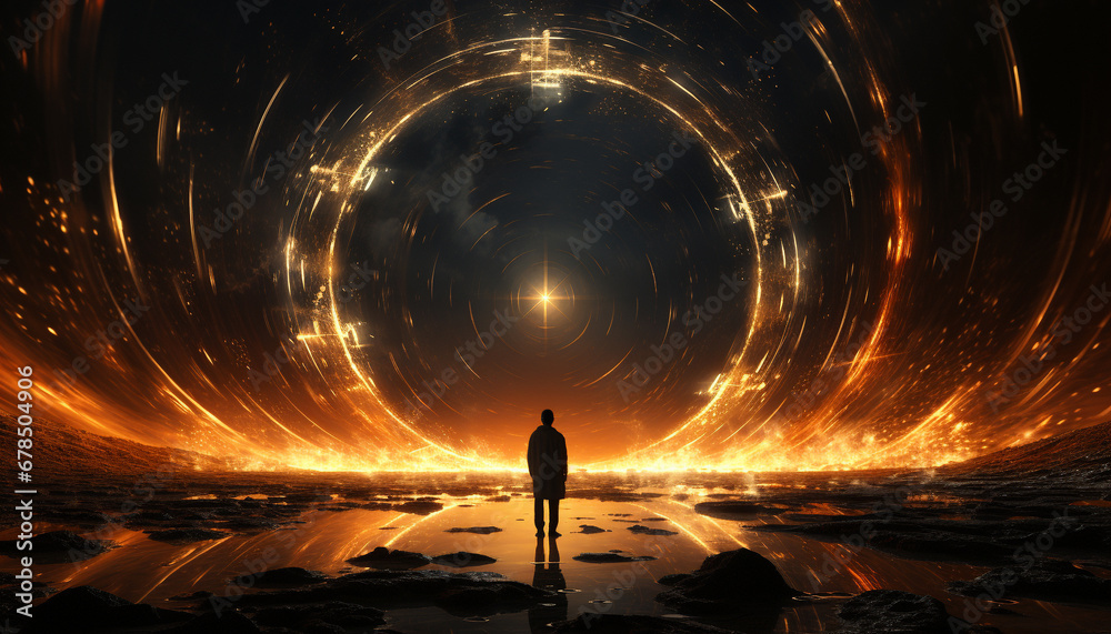 Silhouette standing in dark, meditating, finding success in spirituality generated by AI