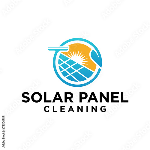 solar panel cleaning logo concept , Solar panel and sun energy natural logo design. Sun, leaf and Solar panel premium vector illustration.