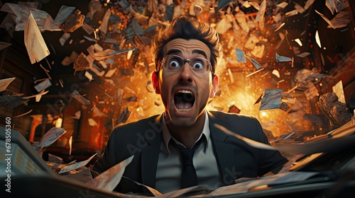 A screaming, frightened businessman in a suit is stressed and furious, with papers and documents flying around. Manager office worker experiencing problems with tax accounting photo