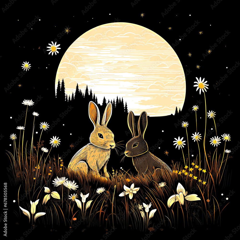 Rabbit on the grass and moon
