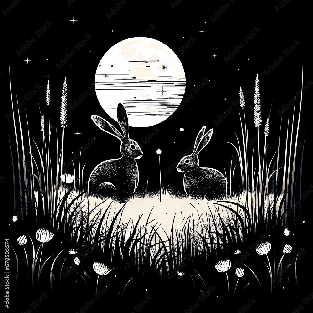 Rabbit on the grass and moon