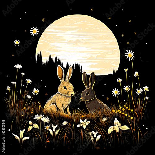 Obraz na płótnie Rabbit on the grass and moon w salonie