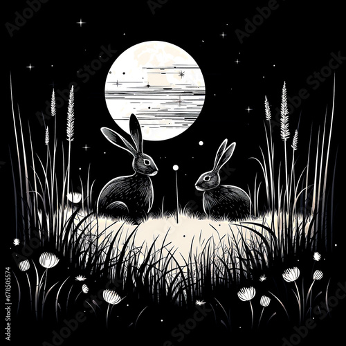 Rabbit on the grass and moon