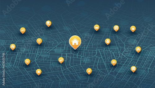 Multiple destinations, isometric. Gps tracking map. Track navigation pins on street maps, navigate mapping technology and locate position pin. Futuristic travel gps map or location navigator vector