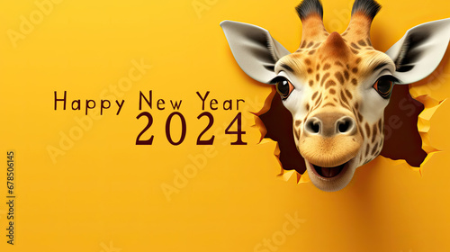 generated illustration of cute giraffe peeking out of a hole in yellowcracked wall, greeting 2024
