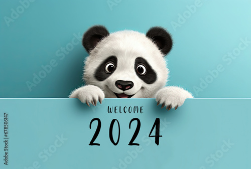 generated illustration of cute panda holding placard greeting 2024