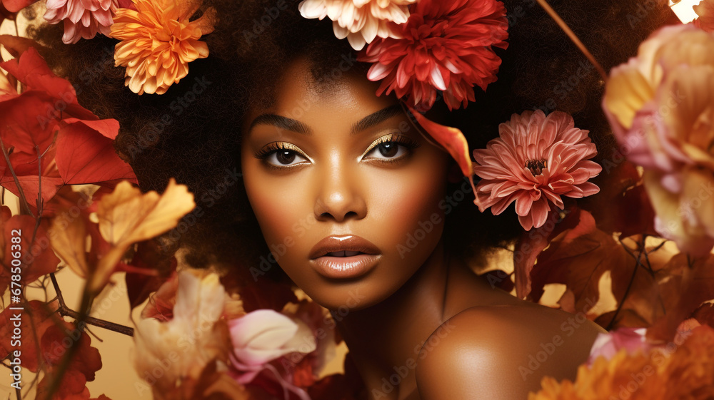 Beautiful african model with autumn flowers Beautiful african model with autumn flowers