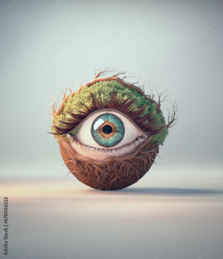 Human eye with vegetation on it in a studio background.