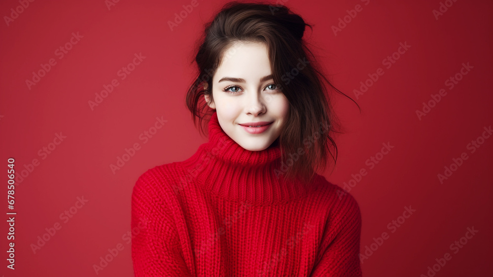 Beautiful woman in winter clothes on an a red colored background Beautiful woman in winter clothes on an a red colored background