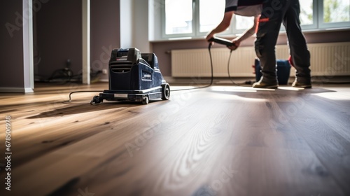 A Construction worker installing laminate flooring, room decoration design, professional technician, laminate background. © Phoophinyo