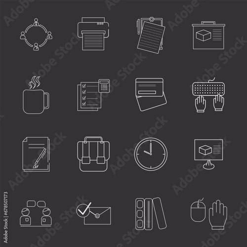 Set of 16 Office and Workplace web icons inline style. with a black background,
Employee, conference, project, document, business, work, Vector illustration. EPS 10
