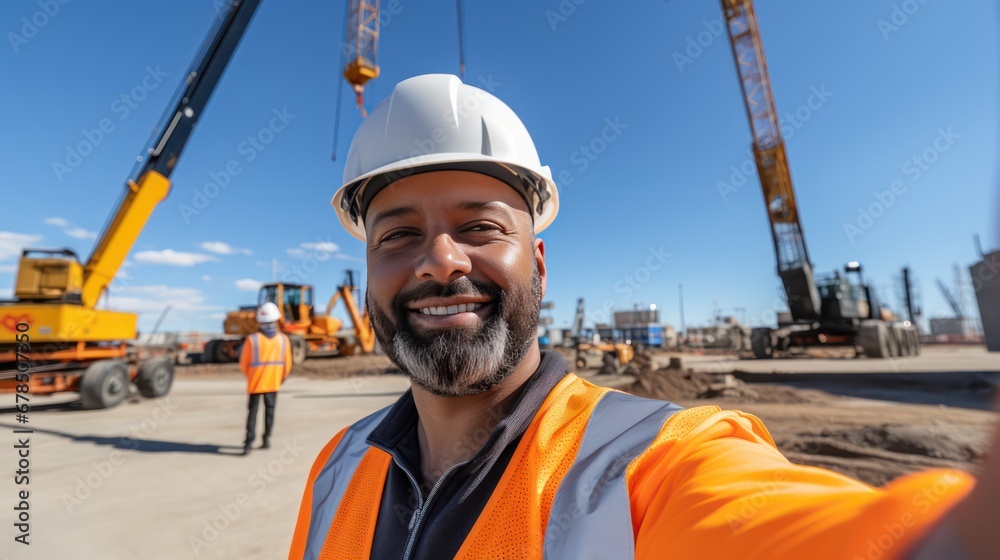 A Civil engineer takes a selfie standing near a construction site with a tower crane in the background. A Civil engineer takes a selfie standing near a construction site with a tower crane in the background.