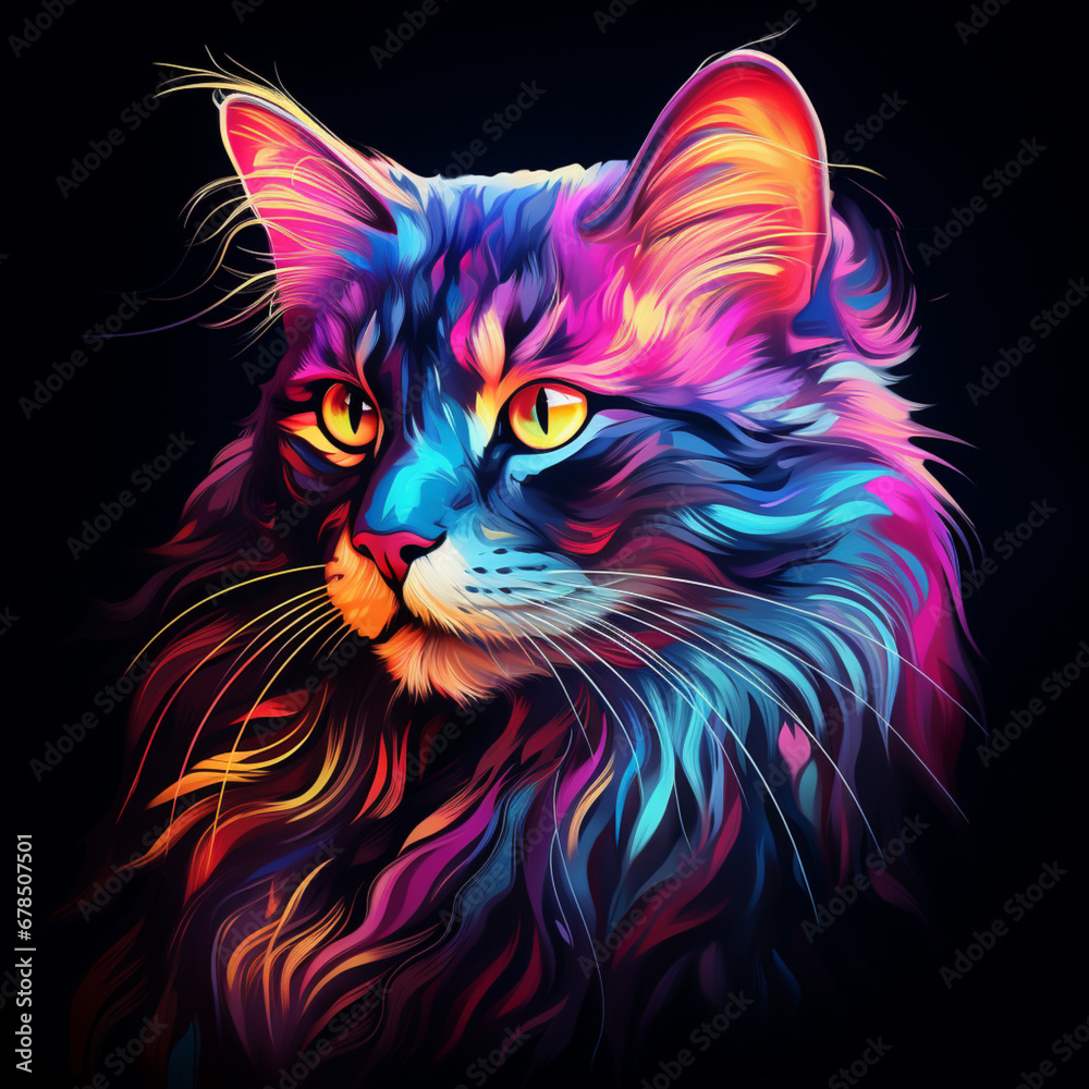 Portrait of a Maine Coon cat with blue eyes in neon light,Generative AI