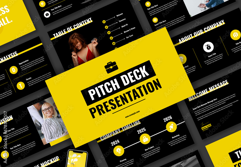 Yellow and Black Creative Modern Pitch Deck Presentation Template Stock ...