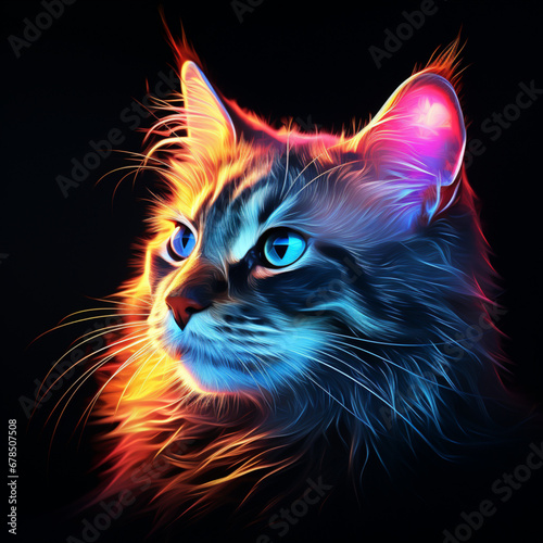Portrait of a Maine Coon cat with blue eyes in neon light,Generative AI