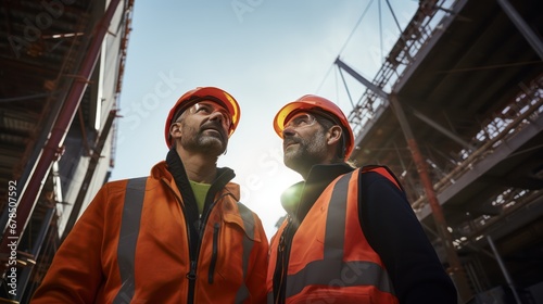 A Structural engineer and foreman standing looking ahead, focused faces, view from below.