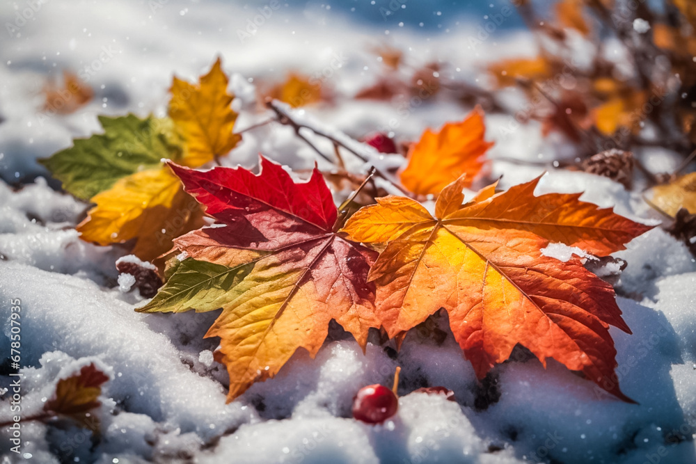 Twig with yellow colorful autumn leaves on snow. First snow and frost Twig with yellow colorful autumn leaves on snow. First snow and frost