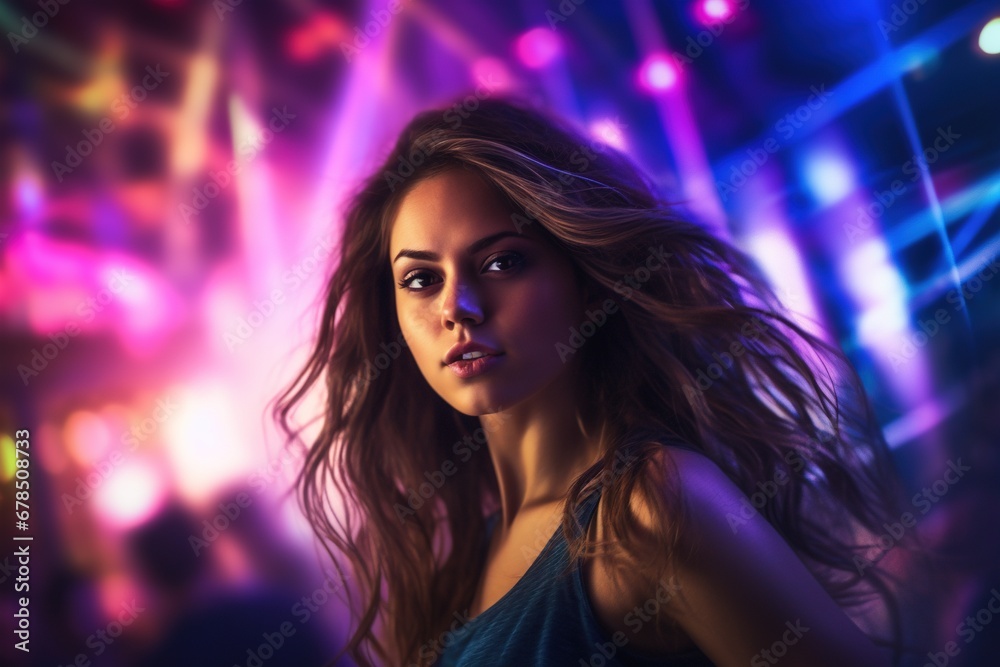 Portrait of young beautiful woman dancing in night club with lights. Portrait of young beautiful woman dancing in night club with lights.