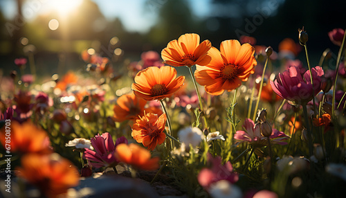 A vibrant bouquet of colorful flowers in a meadow at sunset generated by AI © Stockgiu