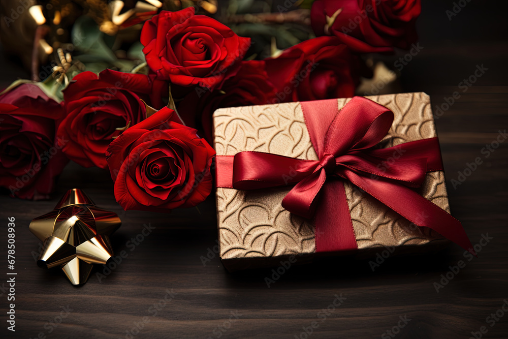 Decorative box with ribbon on wooden background and red roses in cozy atmosphere Decorative box with ribbon on wooden background and red roses in cozy atmosphere