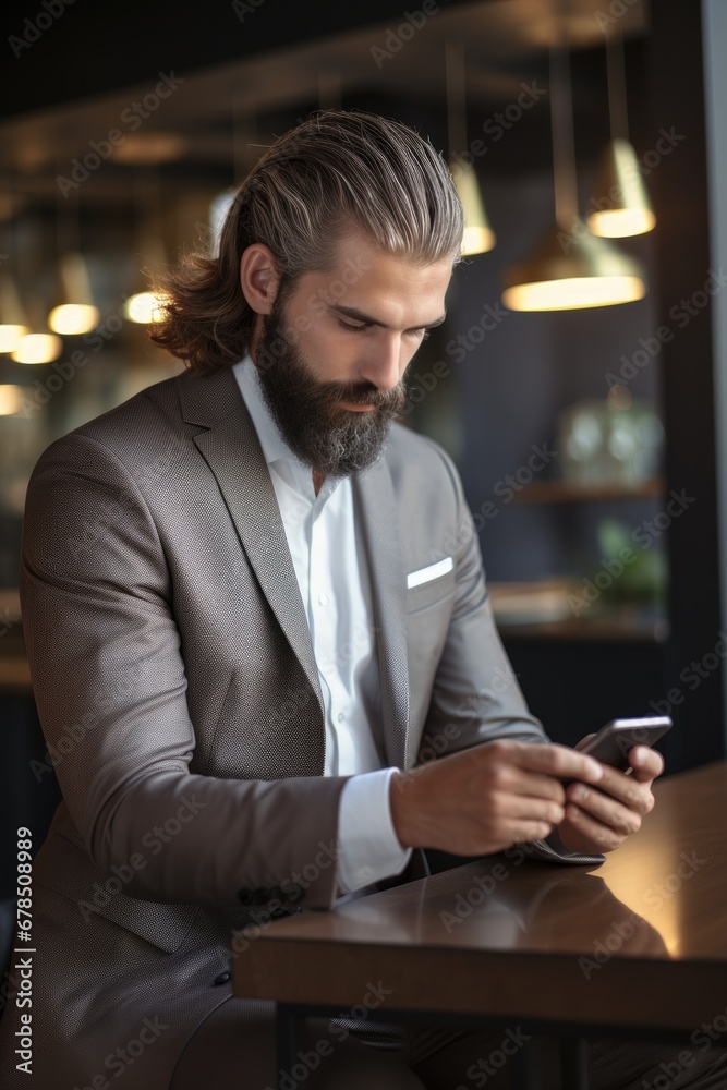 Bearded man top manager in business suit using mobile phone technology business app, typing email sitting at work desk