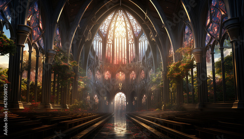 Gothic cathedral, illuminated stained glass, ancient architecture, spirituality inside generated by AI