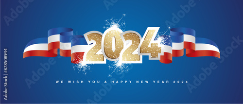2024 New Year concept design template with golden glitter 2024 front on France blue white red wavy flag ribbon. 2024 premium design vector with light sparkle firework isolated on blue background photo