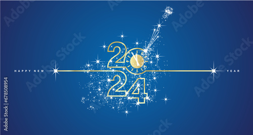 New Year 2024 shining line design typography with clock countdown and glitter sparkler firework golden white blue background vector