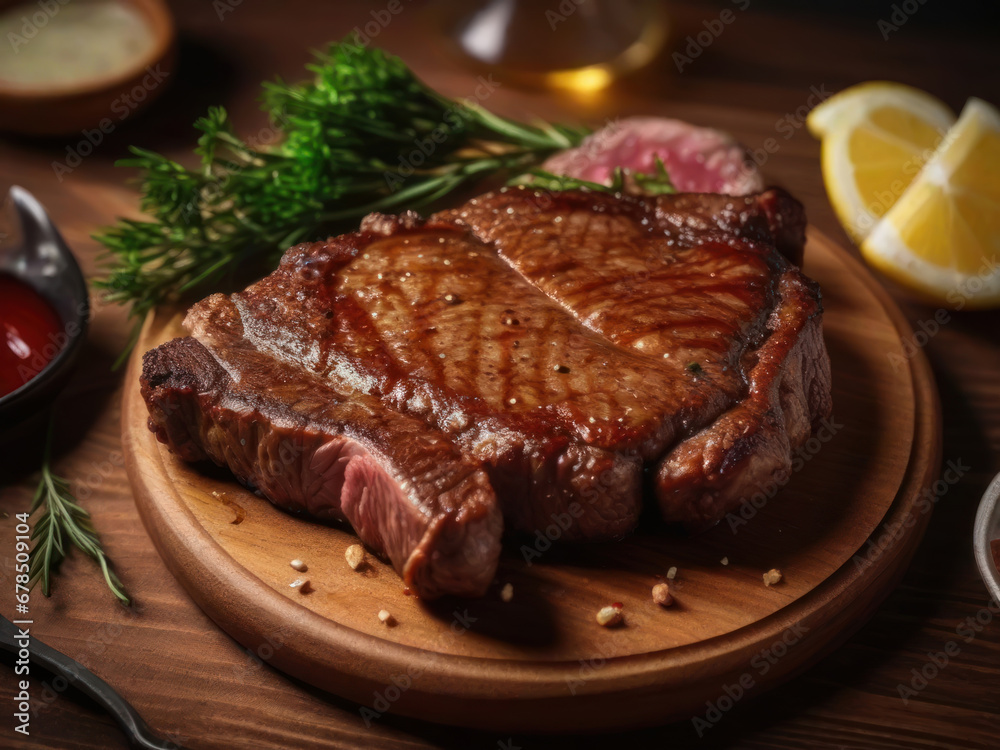 Sliced flank steak cooked medium on a charcoal grill. Juicy pieces of Rib Eye beef steak in a pan on a wooden board with a fork and knife, spices and salt. Sliced flank steak cooked medium on a charcoal grill. Juicy pieces of Rib Eye beef steak in a pan on a wooden board with a fork and knife, spices and salt.