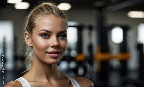 close-up portrait of a female trainer in the gym, a young confident girl athlete looking at the camera. Winner woman, celebrate victory with fitness. banner