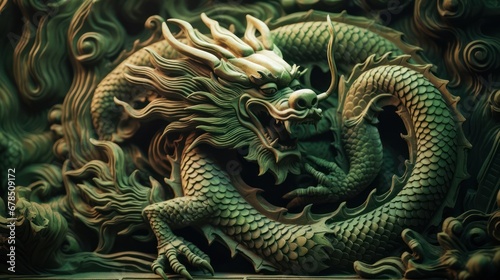 A Powerful green carved wooden dragon terrifying Chinese wood carving art Chinese New Year 2024 concept New Year greeting card background.