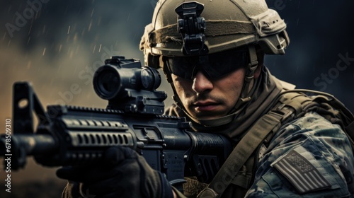 A soldier with combat uniform, helmet and visor, machine gun, special © sirisakboakaew