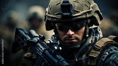 A soldier with combat uniform, helmet and visor, machine gun, special