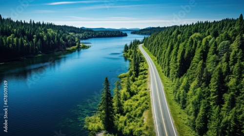 Aerial view road going through forest, Road through the green forest, Aerial top view car in forest