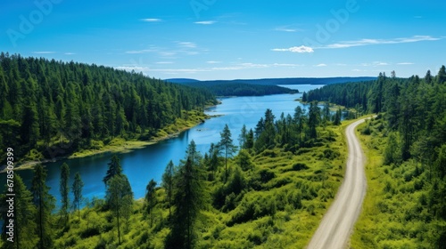 Aerial view road going through forest, Road through the green forest, Aerial top view car in forest