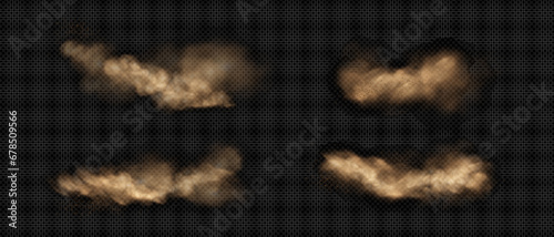 Sand clouds with dust and smoke. Realistic vector illustration set of desert storm - flying dirt plumes with mud particles under influence of strong wind. Brown dune sandstorm powder clusters.