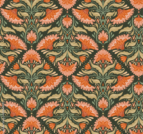 Vector decorative seamless pattern with floral tile composition in row. Folk art texture with symmetrical geometric flowers, stems with foliage
