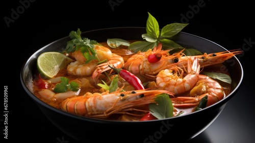 A Big bowl of shrimp tom yum dramatic studio lighting and a shallow depth of field, placed on a white background surface, hot steam.