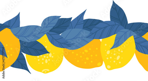 Vector seamless horizontal border with lemons and blue foliages. Summer frieze with citruses and leaves isolated from the background