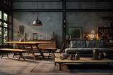 Interior of the house room modern atmosphere, in the style of matte background, rustic texture, concrete wall, wood floor