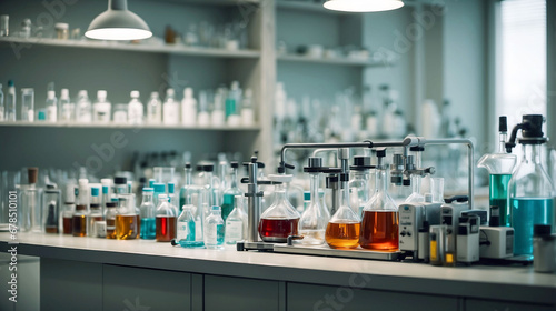 Science laboratory, medical equipment, shelves with sample bottles. Chemical solutions. Glass flasks and test tubes.