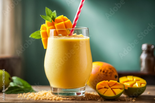 Smoothie with mango pieces served in a tall glass with a straw