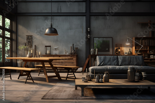 Interior of the house room modern atmosphere, in the style of matte background, rustic texture, concrete wall, wood floor photo