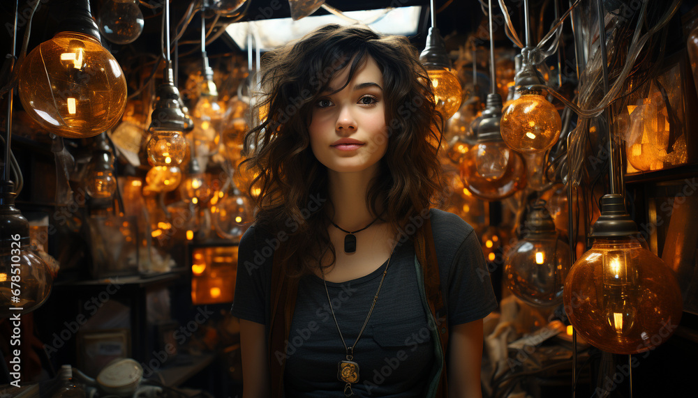 Obraz premium Young woman, confident and elegant, standing indoors, smiling at camera generated by AI