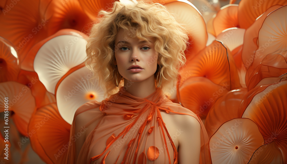 Fototapeta premium Beautiful woman with blond hair looking at camera outdoors generated by AI